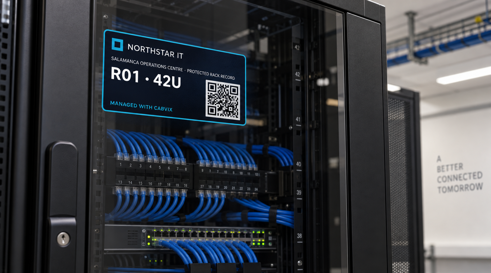 A customer-branded CABVIX managed rack QR label applied to a tidy network cabinet door